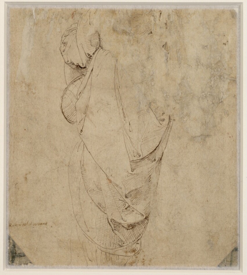 Raffaello - Draperiestudie (Studie zur Rückenfigur der Muse für den Parnass, Stanza della Segnatura, Vatikan), 219v — Raphael