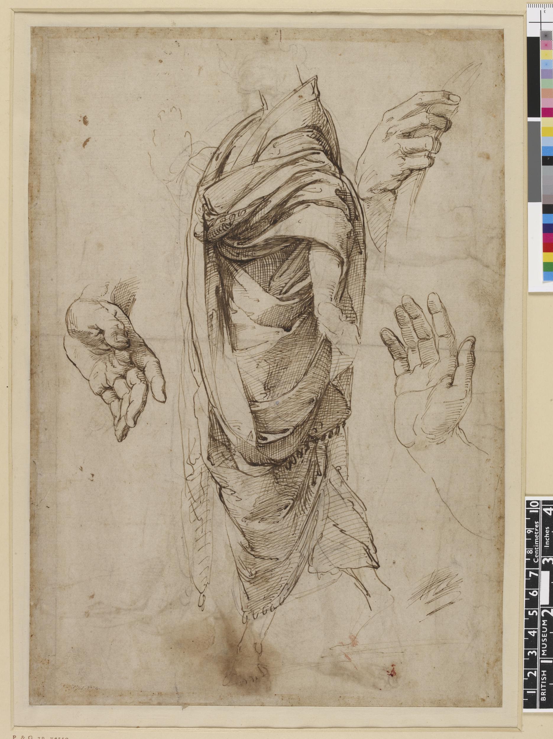 Raphael - A man standing slightly to left, his hands held out and a drapery study, Pp,1.74 — Raphael