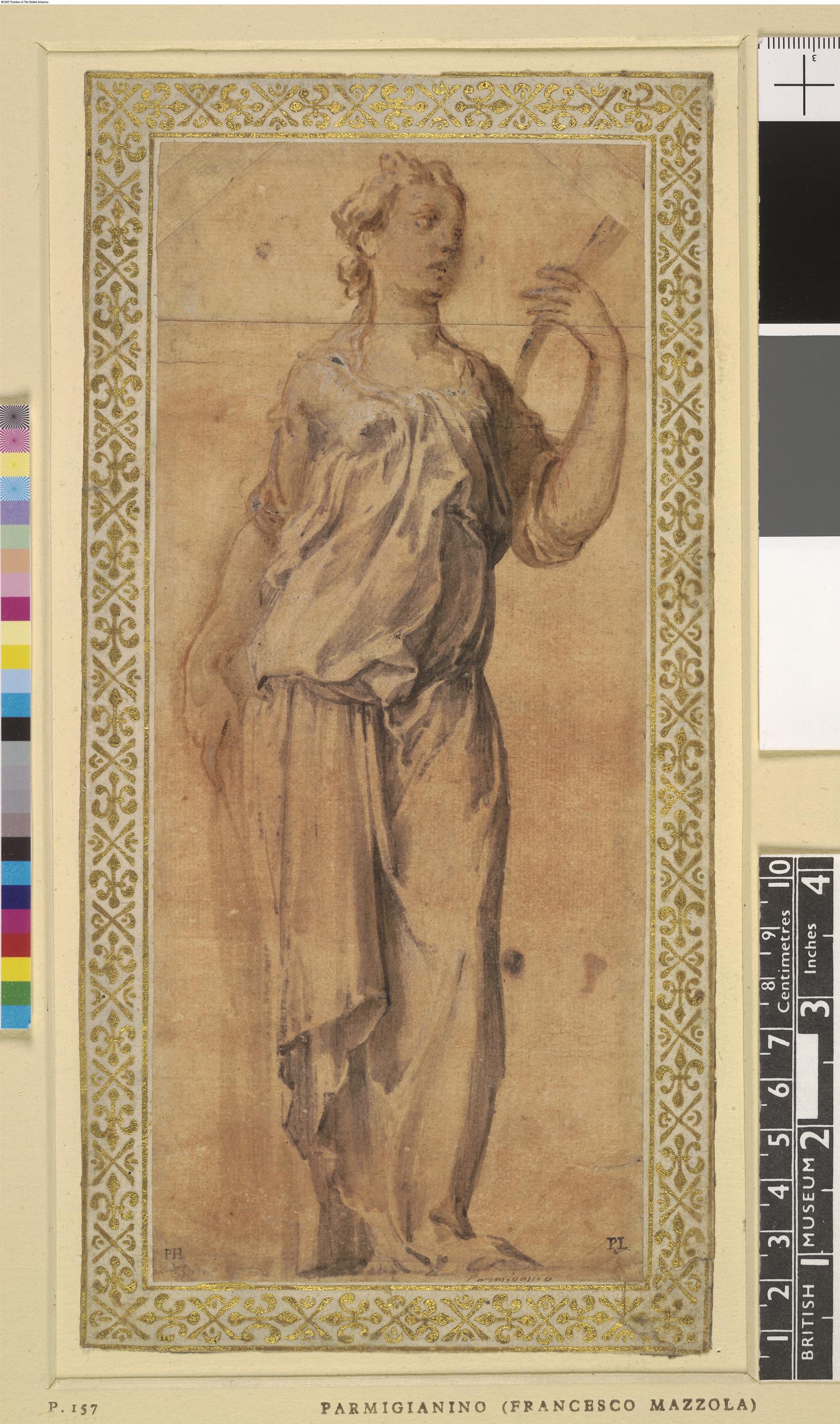 Parmigianino - Drapery study of a woman, slightly to right, holding a palm () in her left hand, 1948,1009.127 — Parmigianino