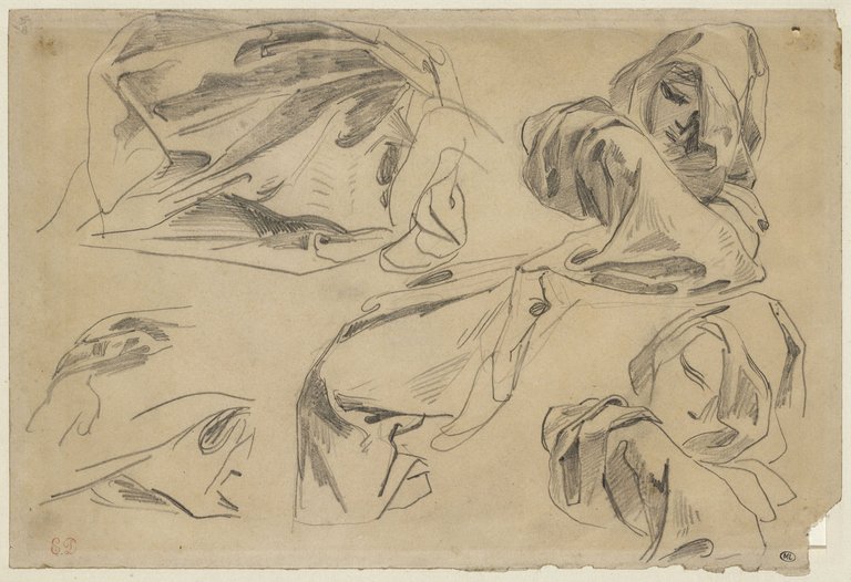 Delacroix - Tête d'oriental drapée, et quatre études de draperie, RF 9655, Recto — Eugène Delacroix