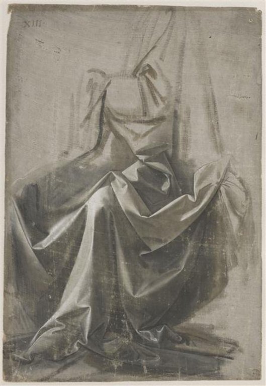 Drapery Study for a Seated Figure Seen in Three-quarter Profile to the Left label QS:Lde,"Draperiestudie einer Sitzfigur in Dreiviertelprofil nach links" label QS:Len,"Drapery Stud — Leonardo da Vinci