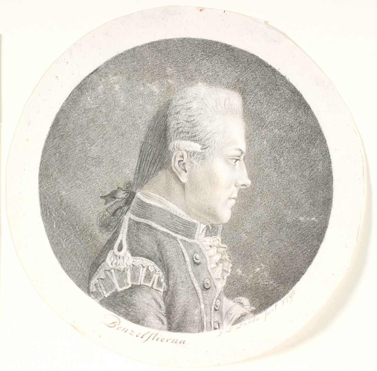 Portræt af Lars Benzelstjerne, svensk søofficer (1759-1808). Brystbillede. Profil til højre — Gerhard Ludvig Lahde