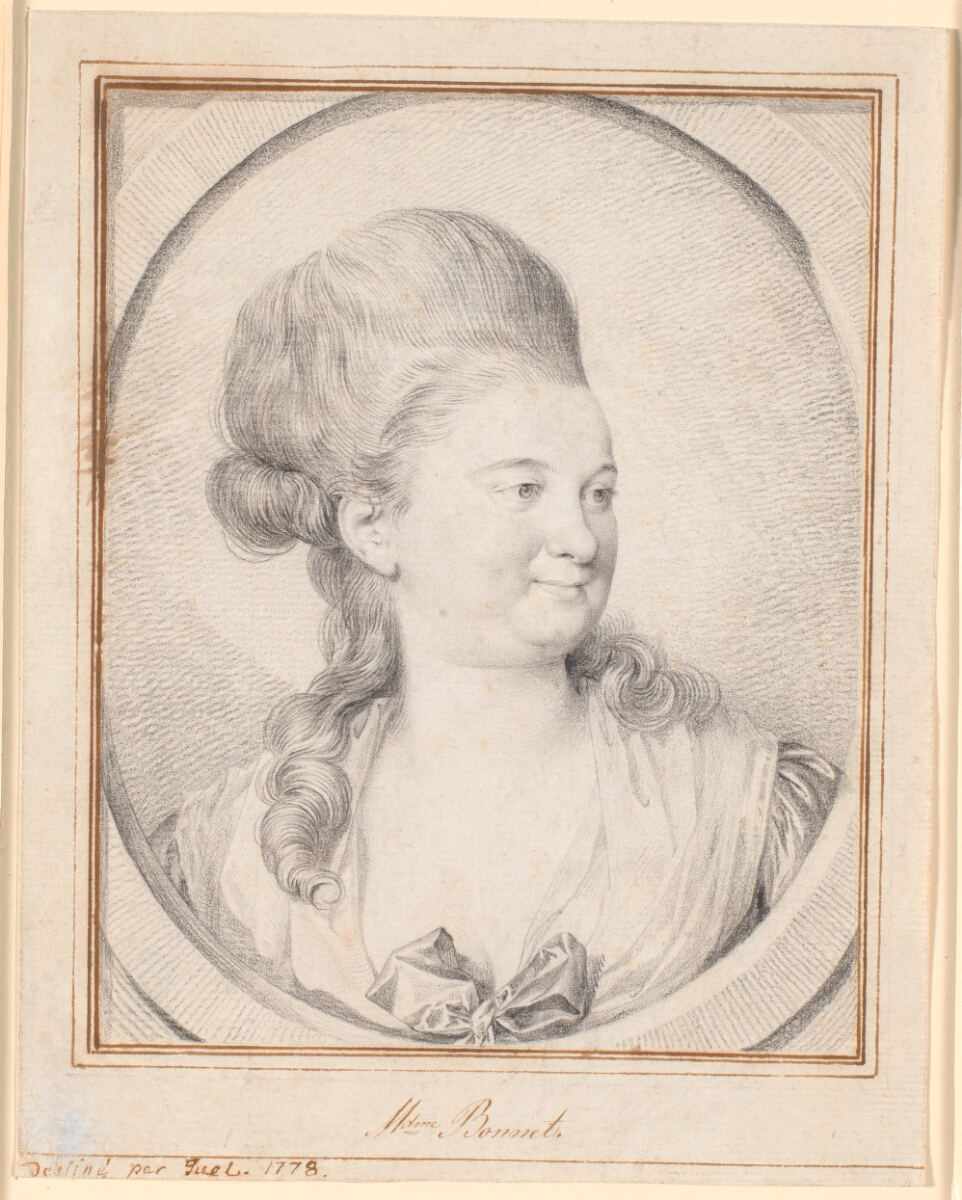 Portræt af Madame Charles Bonnet, født de la Rive. Brystbillede i trekvart profil mod højre i tegnet stenoval — Jens Juel
