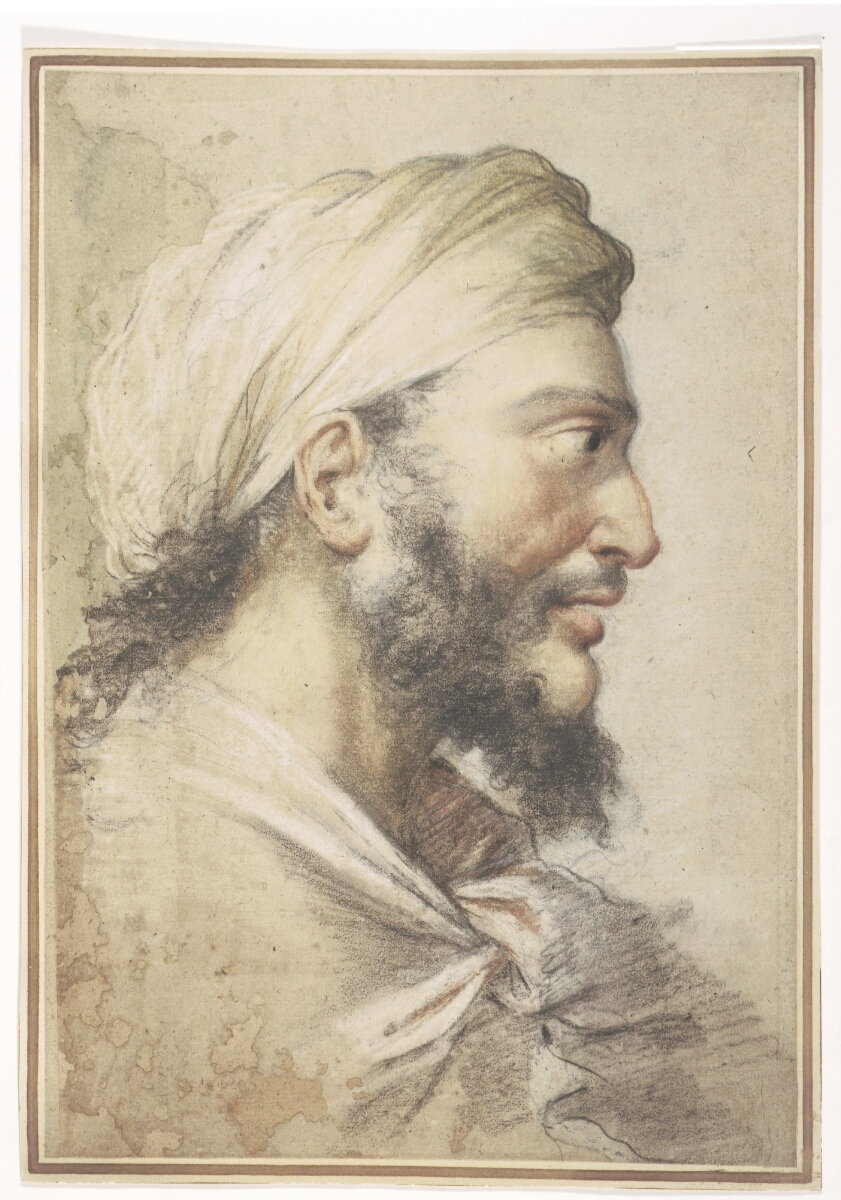 Hoved af en skægget mand med turban i profil mod højre — Salvator Rosa
