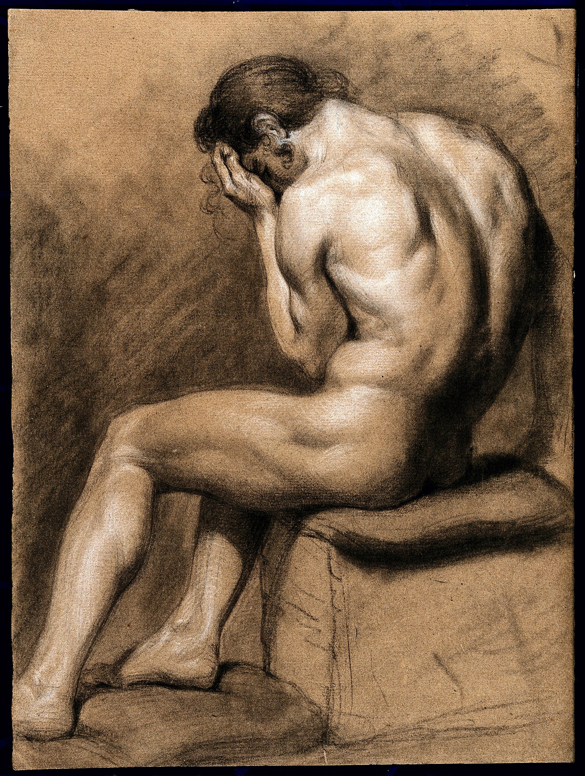 A seated male nude seen from behind. Chalk drawing. Wellcome V0048996 — Unknown artist