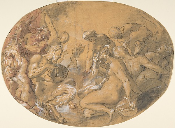 Satyrs and Nymphs; verso: partial counterproof of Heintz's "Studies for the Flight into Egypt" in The Courtauld Gallery, London — Joseph Heintz the Elder