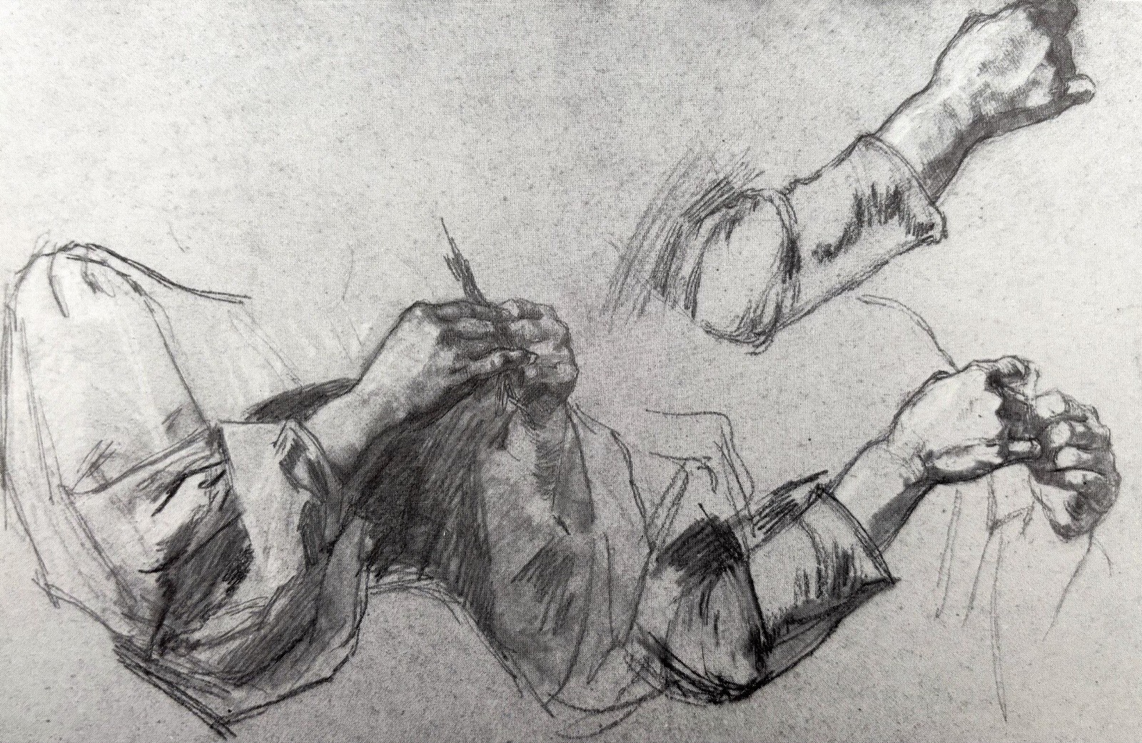 Adrien de Witte - Étude de mains (fusain, crayon Conté, craie blance sur papier gris, 1881, 37 x 34.5, collection madame de Froidcourt) — Adrien de Witte