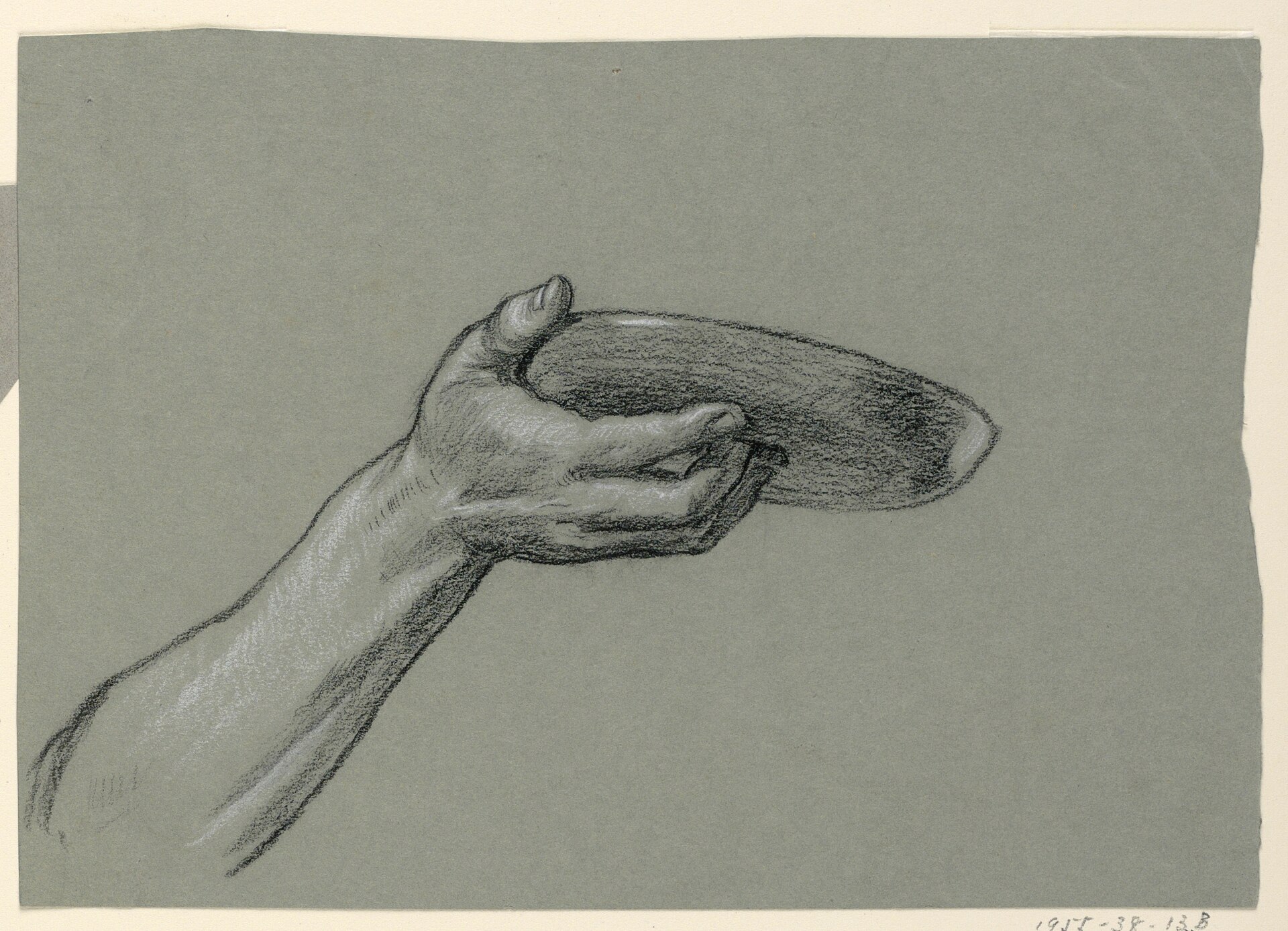 Drawing, detail of forearm and hand holding circular object, ca. 1885 (CH 18404371) — Elihu Vedder