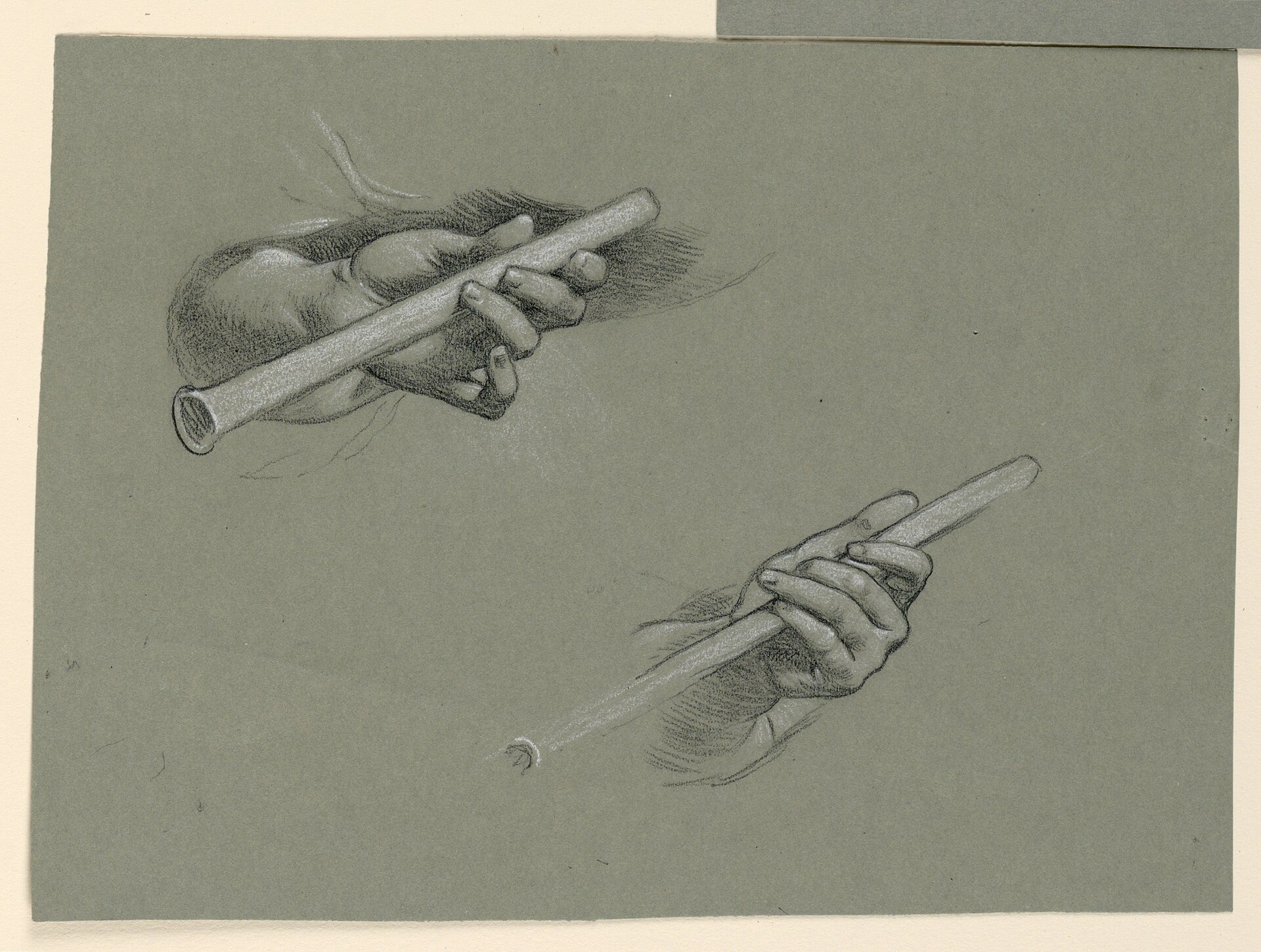 Drawing, studies of two hands holding flutes (.), ca. 1890 (CH 18404487) — Elihu Vedder