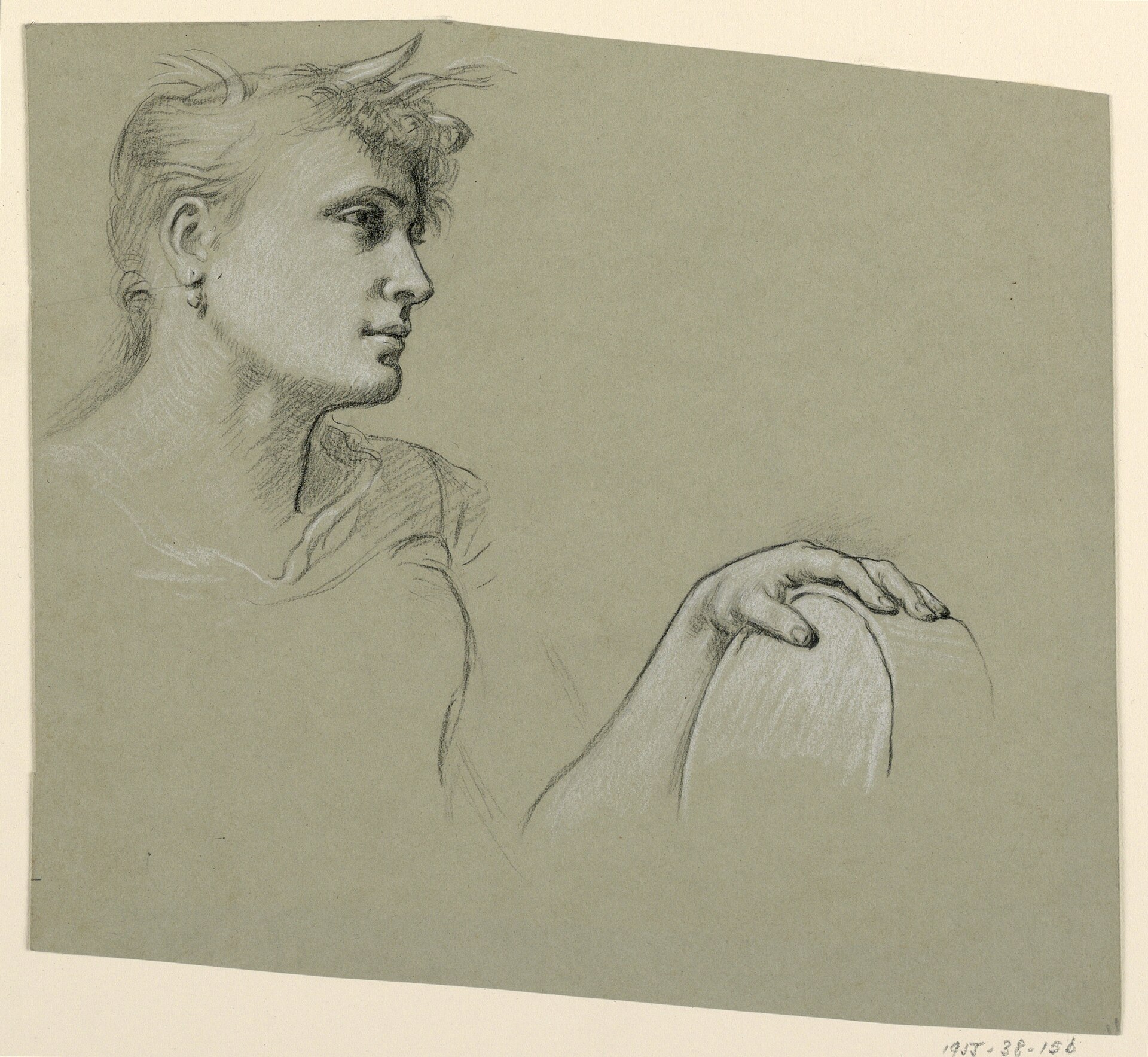 Drawing, woman's profile and left hand study, ca. 1885 (CH 18404379) — Elihu Vedder