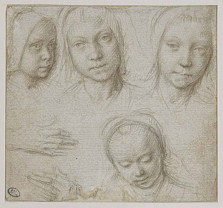 Gerard David drawing - Four Girls' Heads and Two Hands - Louvre RF 3812 recto — Attributed to Gerard David
