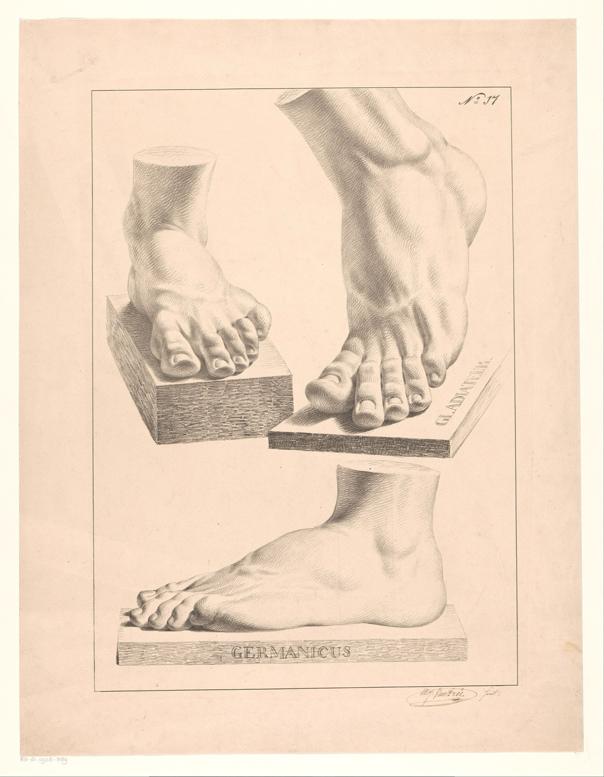 Studies van voeten Gladiateur Germanicus (titel op object) Studies naar klassieke beelden (serietitel), RP-P-1905-3189 — Unknown artist