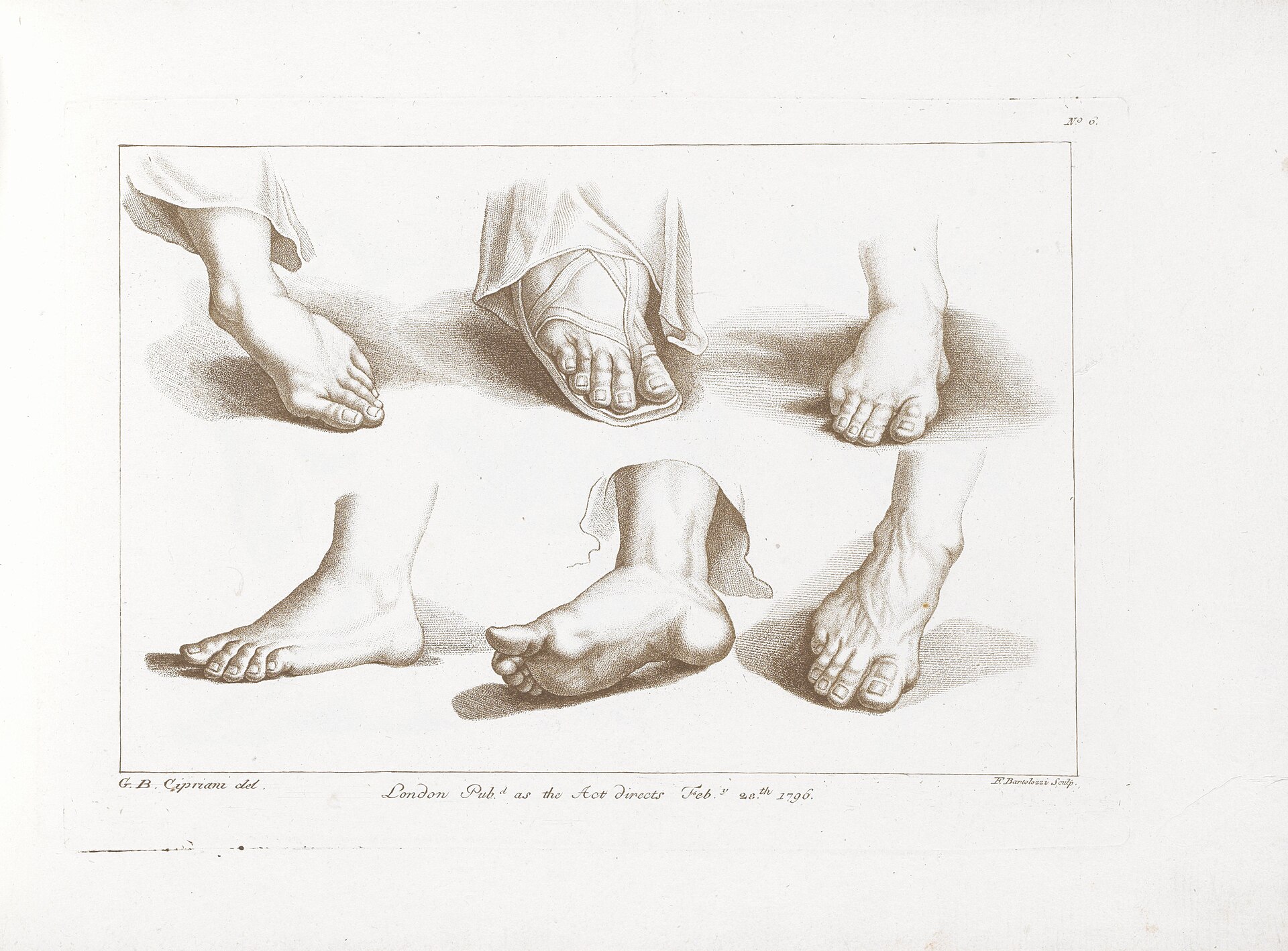 Zes voeten Ciprianis beginselen van het tekenen (serietitel) Ciprianis rudiments of drawing (serietitel), RP-P-1957-161 — Artiste inconnu