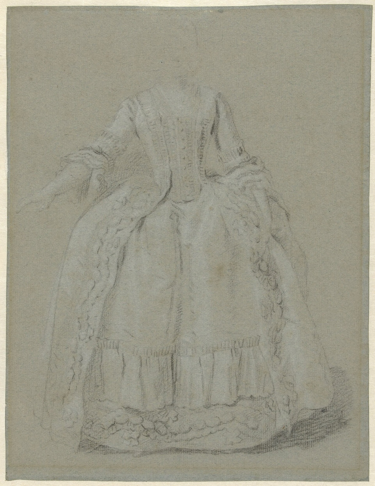 Studie van een staande dame met een hand rustend op haar rok, de andere iets geheven, RP-T-1971-60 — Artista ignoto