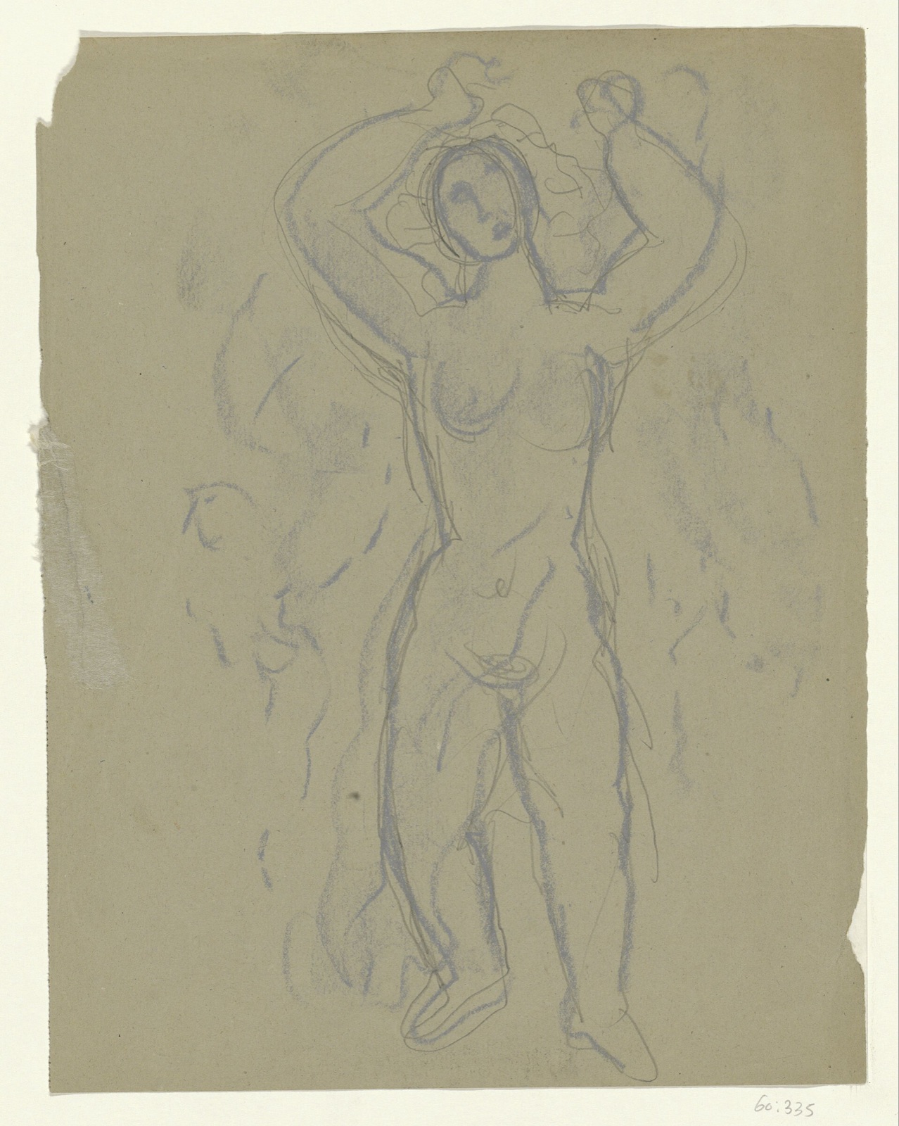 Schetsblad met studie van een naakte vrouw met de handen omhoog geheven, RP-T-1960-335 — Unbekannter Künstler
