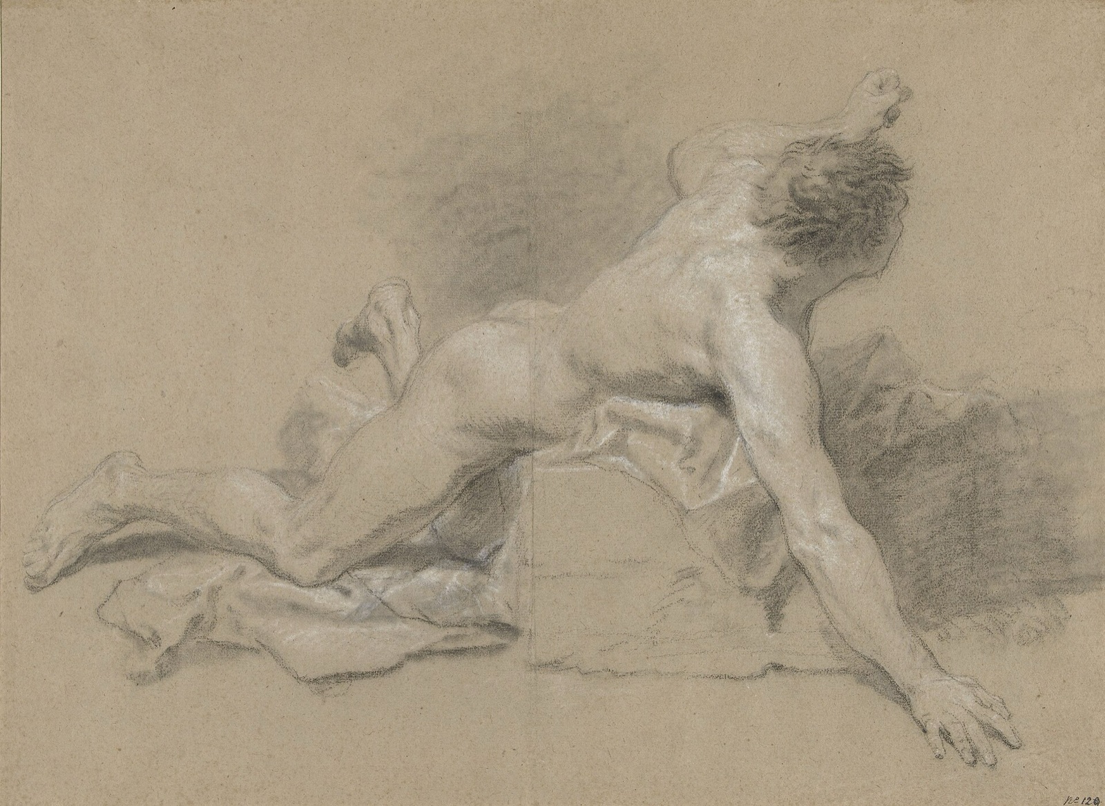 Studie van een mannelijk naakt, liggend op zijn buik, RP-T-FM-168 — Unknown artist