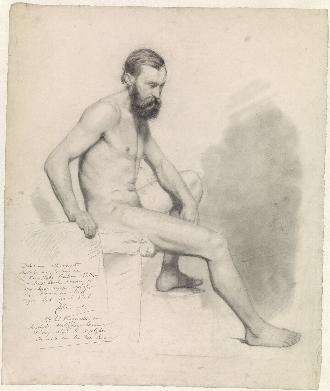 Studie van een zittend mannelijk naakt, naar rechts, RP-T-1950-194 — Unknown artist