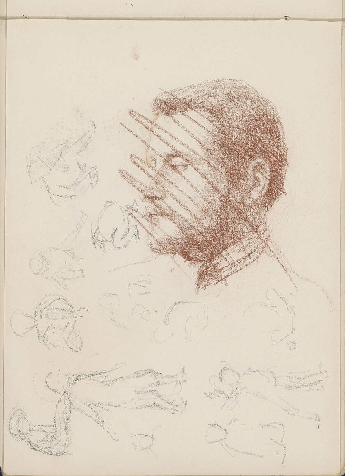 Figuurstudies en een kop van een man met een snor, in profiel naar links, RP-T-1976-104-16 — Artiste inconnu