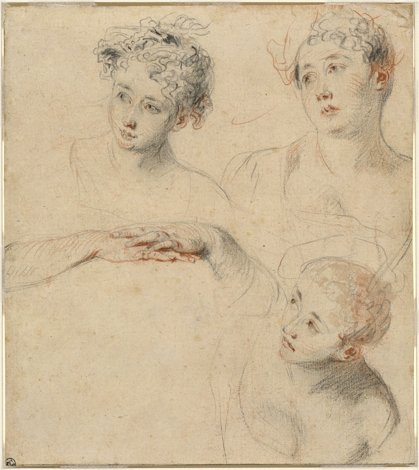 Antoine Watteau, Three Studies of a Woman's Head and a Study of Hands (recto), 1718-1719, NGA 47120 — Antoine Watteau