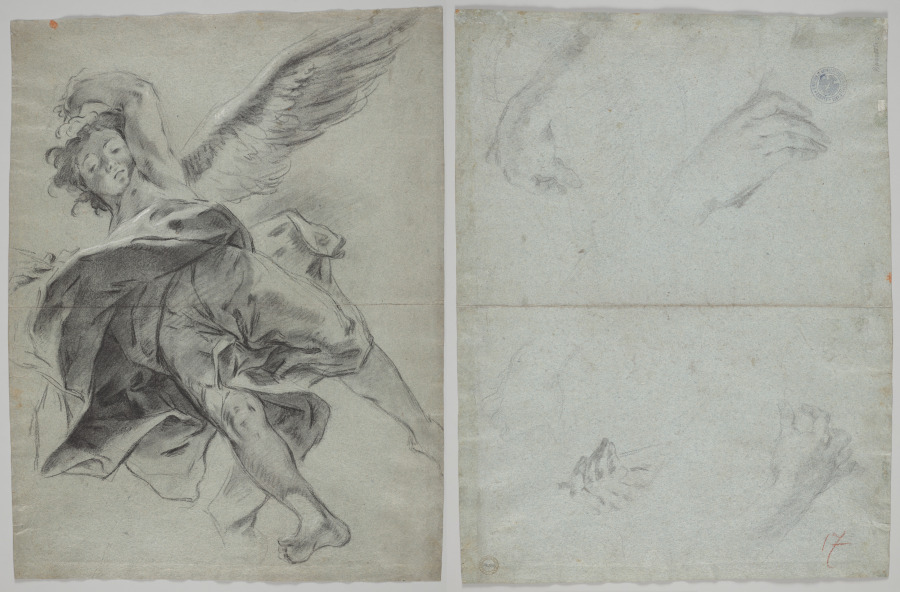 A Flying Angel (recto); Studies of Hands Playing Instruments (verso) — Giovanni Battista Piazzetta