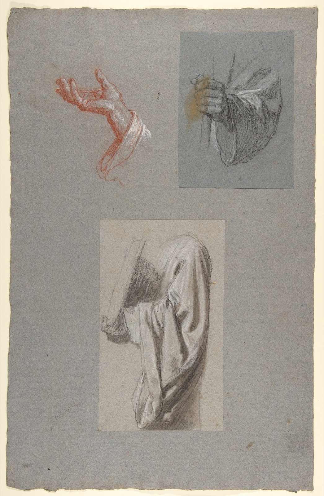 A. Hand of Saint Remi; b. Hand of Saint Remi; c. Drapery Study for Acolyte Holding Book (middle register); (studies for wall paintings in the Chapel of Saint Remi, Sainte-Clotilde, — Isidore Pils