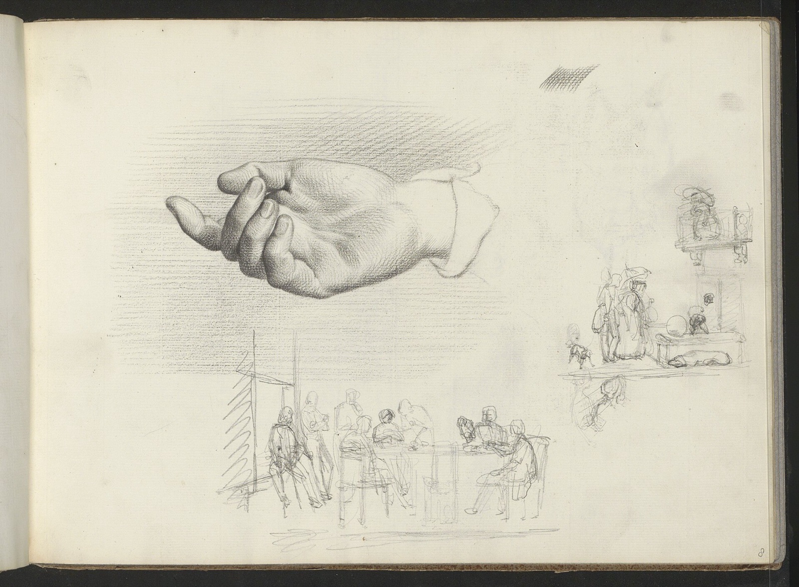 Studieblad, onder andere met een hand en een groep rondom een tafel, RP-T-1991-21-8(R) — Unknown artist