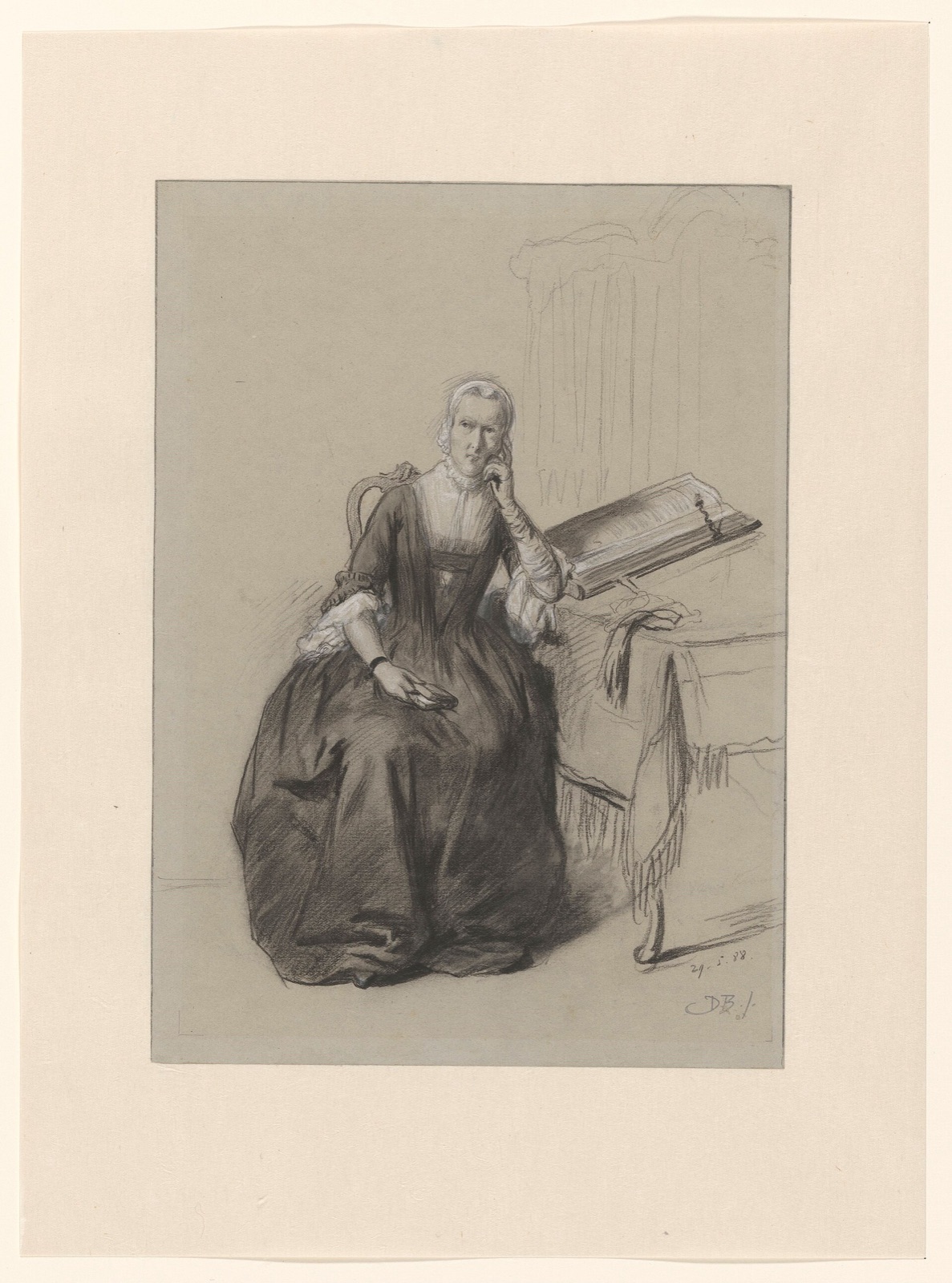 Figuurstudie van een zittende vrouw met gebedenboekje in de hand, bij haar Statenbijbel, RP-T-1999-8 — Unknown artist