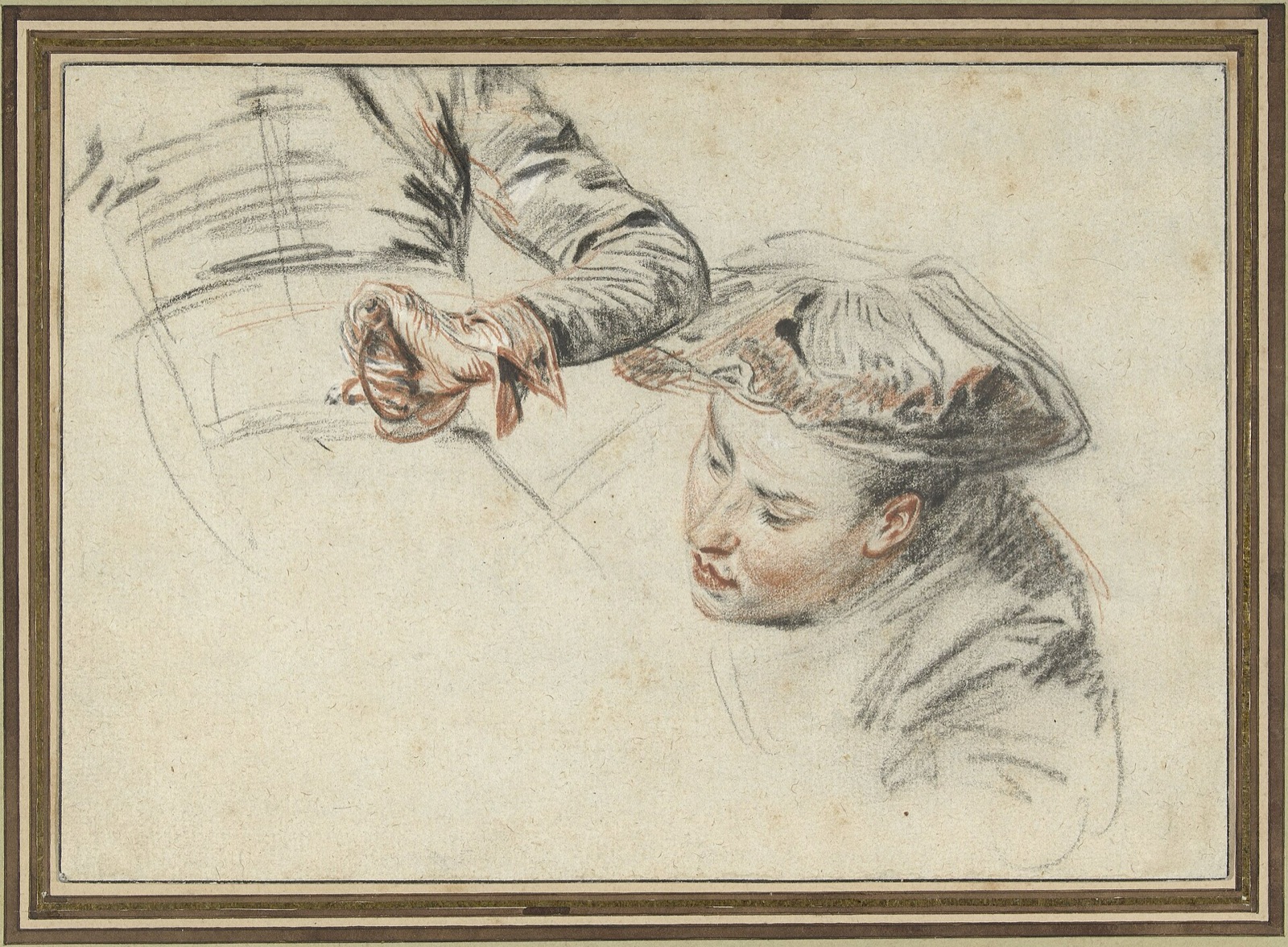 Manskop met baret en een hand aan een gevest, RP-T-1953-188 — Artista ignoto
