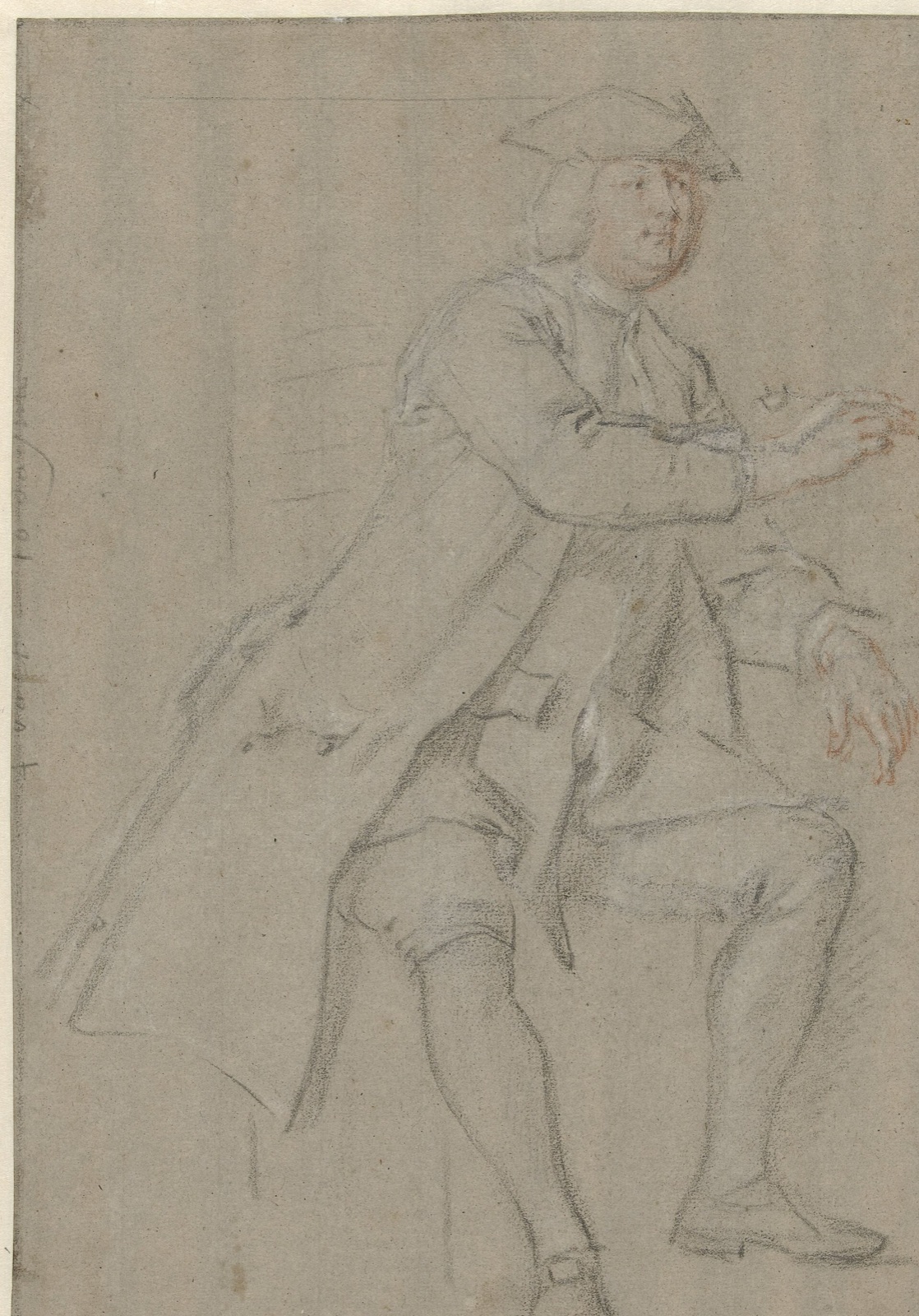 Zittende man in lange jas met pijp in de hand, naar rechts, RP-T-1988-154 — Unknown artist