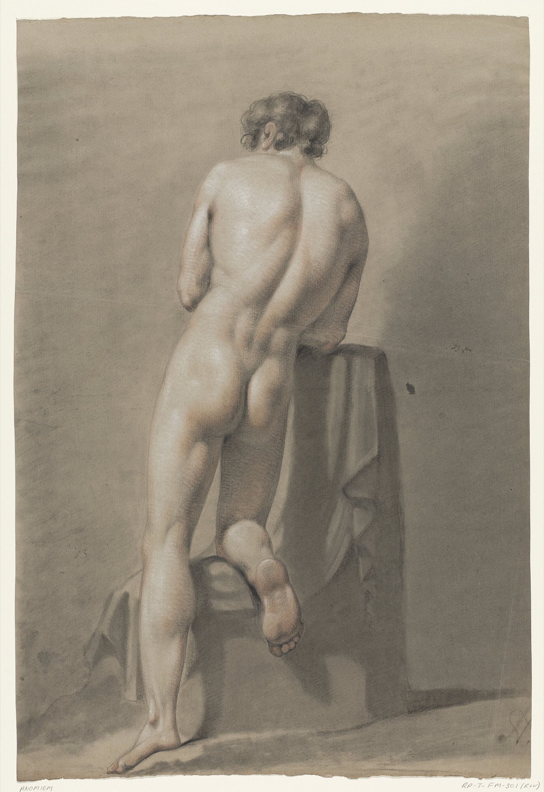 Mannelijk naakt knielend op een blok, van achteren gezien, RP-T-FM-301(R) — Unknown artist