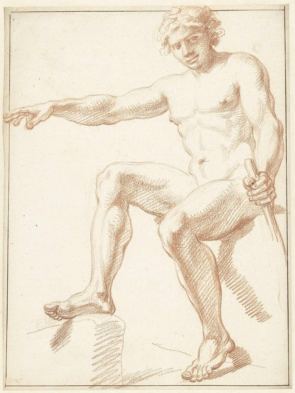 Studie van mannelijk naakt, zittend met gestrekte arm, RP-T-1942-155 — Unknown artist