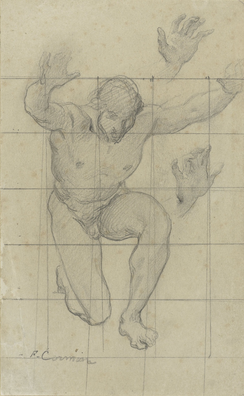 Studie naar mannelijk naakt, knielend, de armen omhoog, RP-T-1943-95 — Unknown artist