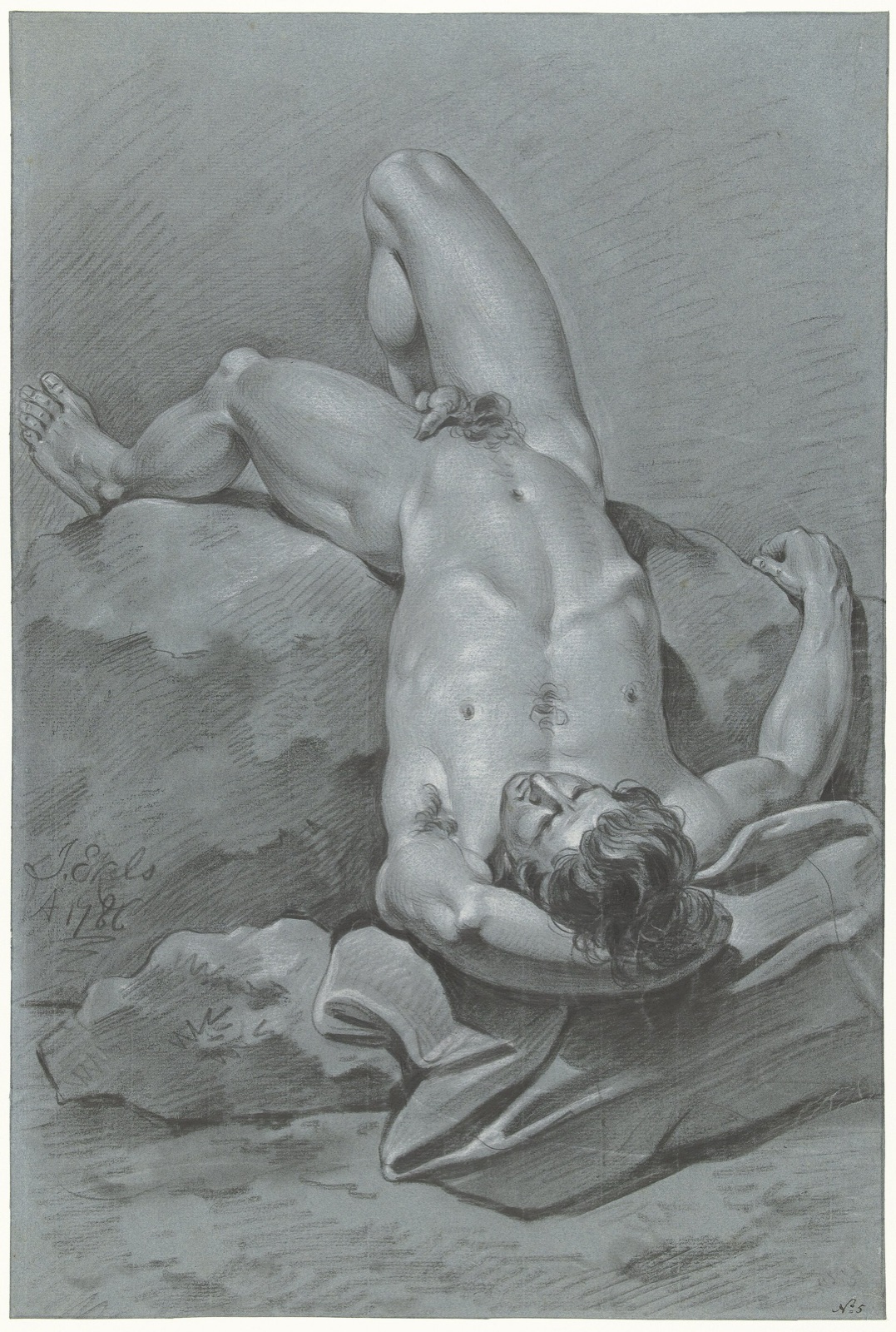 Studie van mannelijk naakt, achterover liggend op de rug, RP-T-FM-178 — Unknown artist