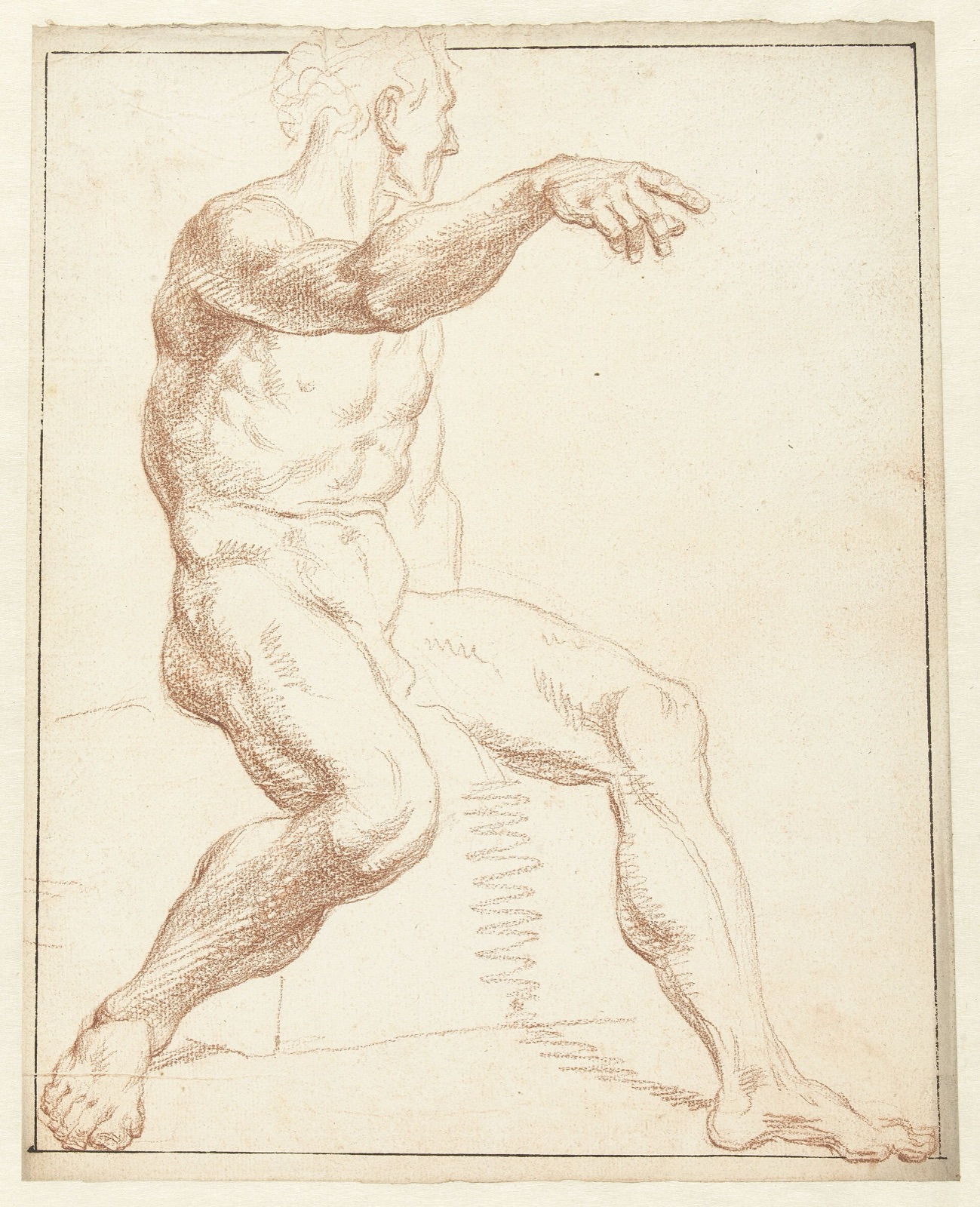 Studie van een zittend mannelijk naakt, wijzend met de rechterarm, RP-T-1942-151 — Unknown artist