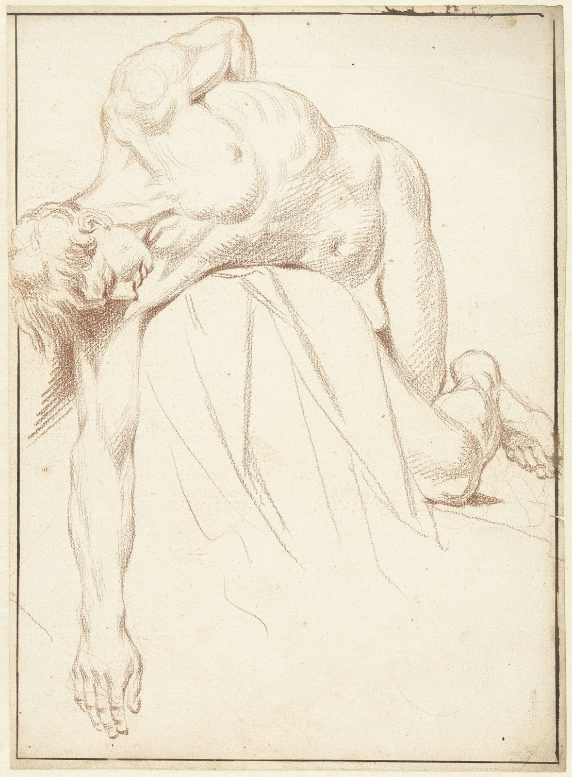 Studie van mannelijk naakt, liggend op de zij over een blok, RP-T-1942-149 — Unknown artist