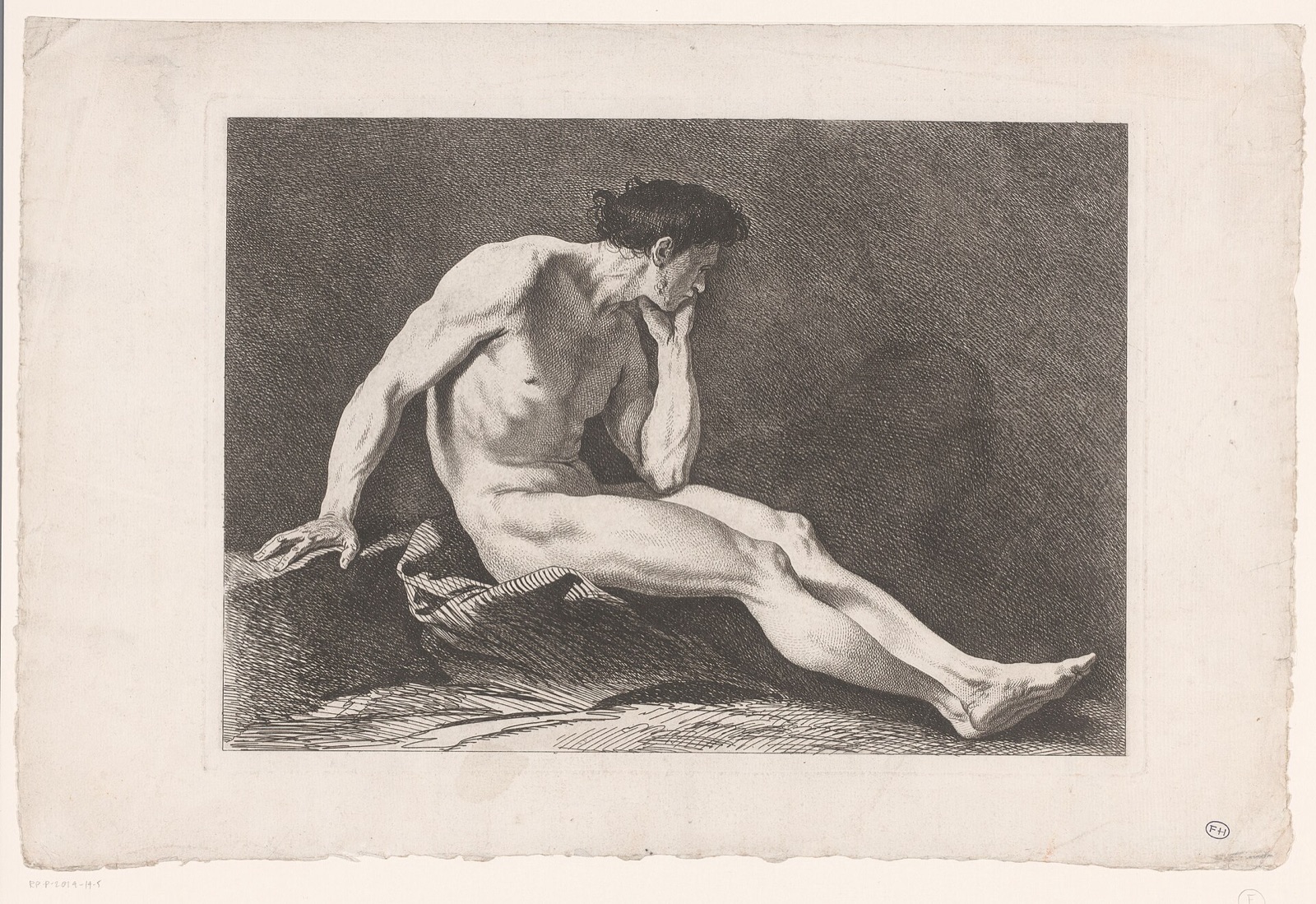 Academische studie van zittend mannelijk naakt, RP-P-2014-14-5 — Unknown artist
