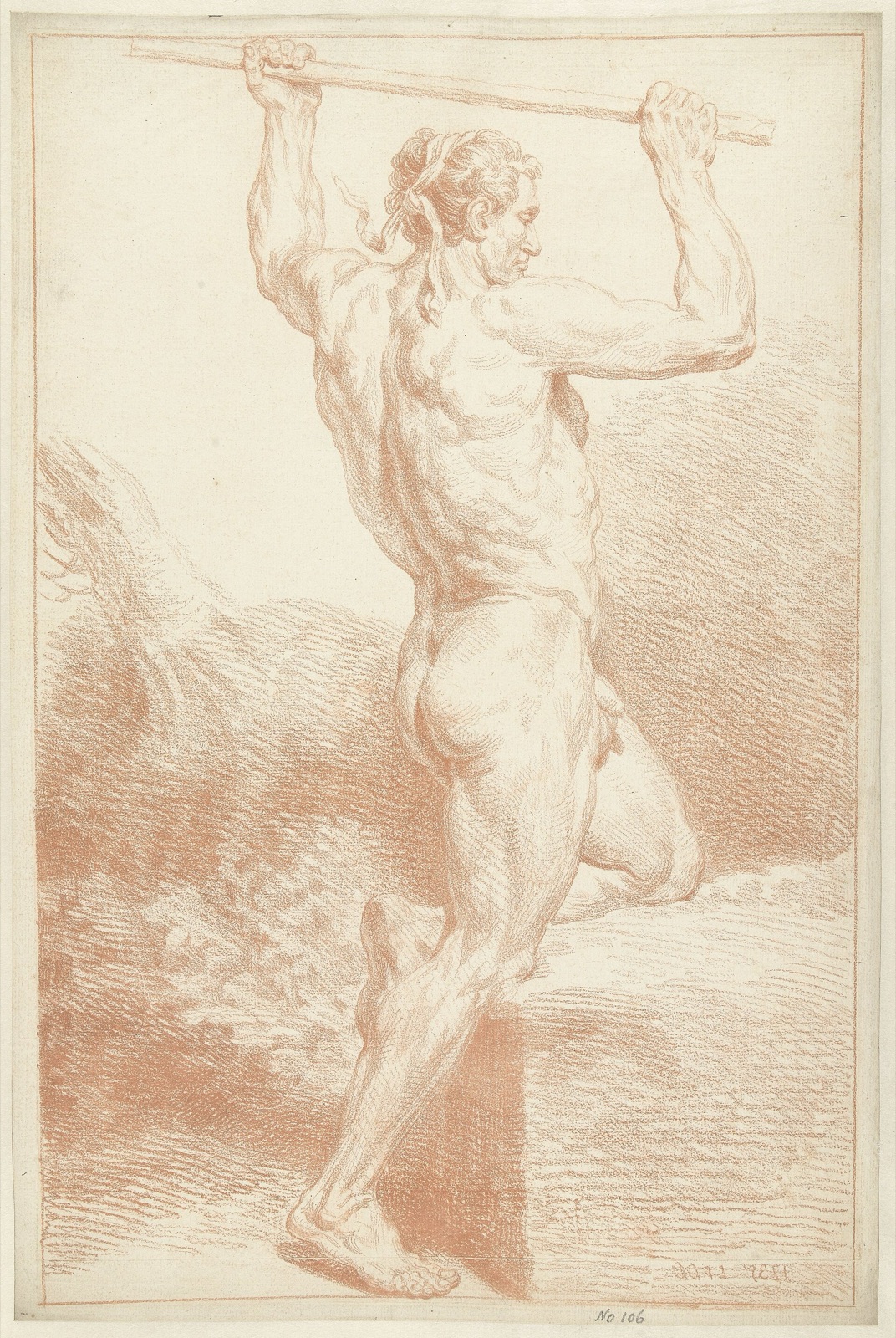 Studie van een mannelijk naakt, op één knie, met een stok boven het hoofd, RP-T-1886-A-596 — Unknown artist