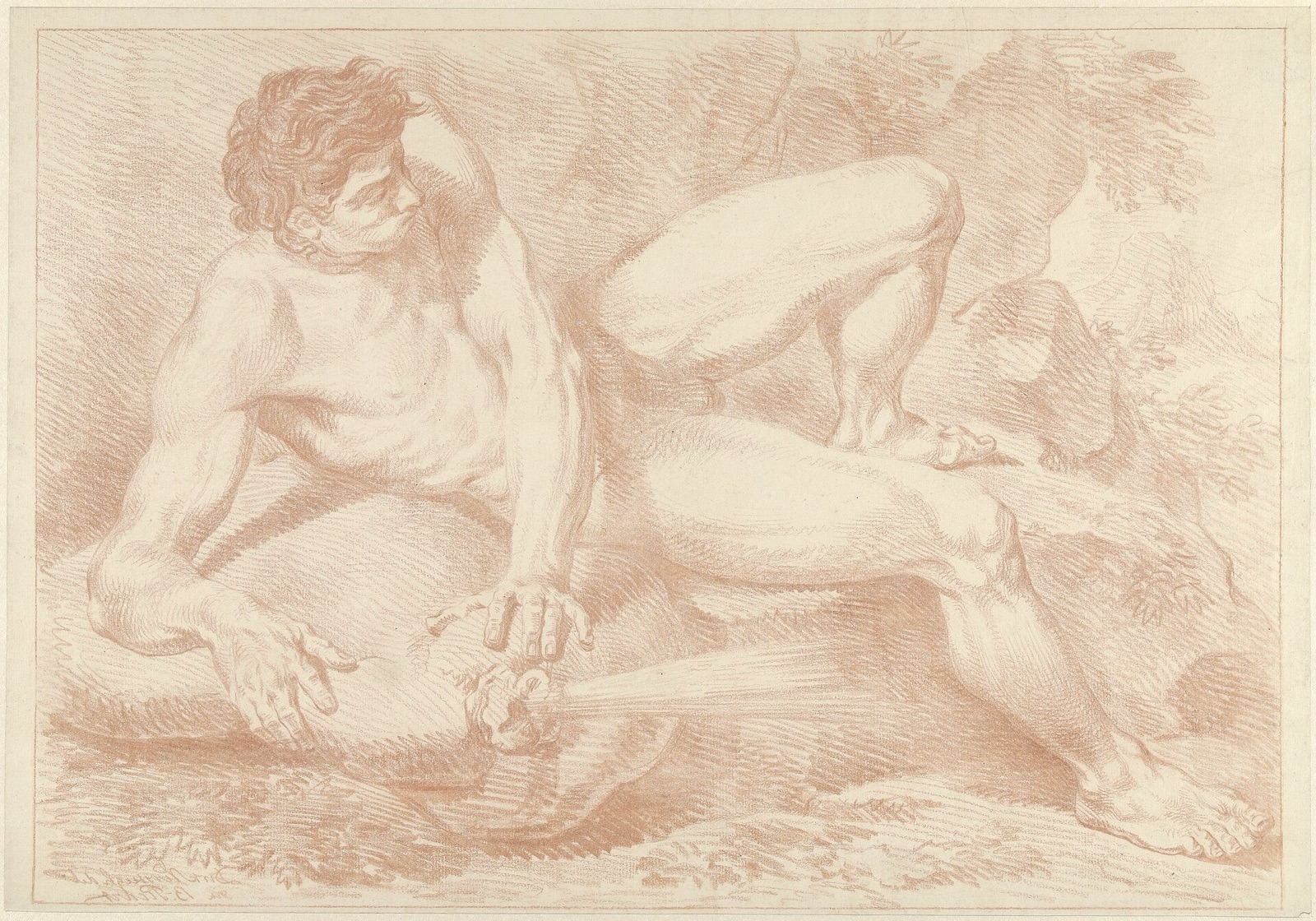 Liggend mannelijk naakt met gebolde wangen, RP-T-FM-188 — Unknown artist