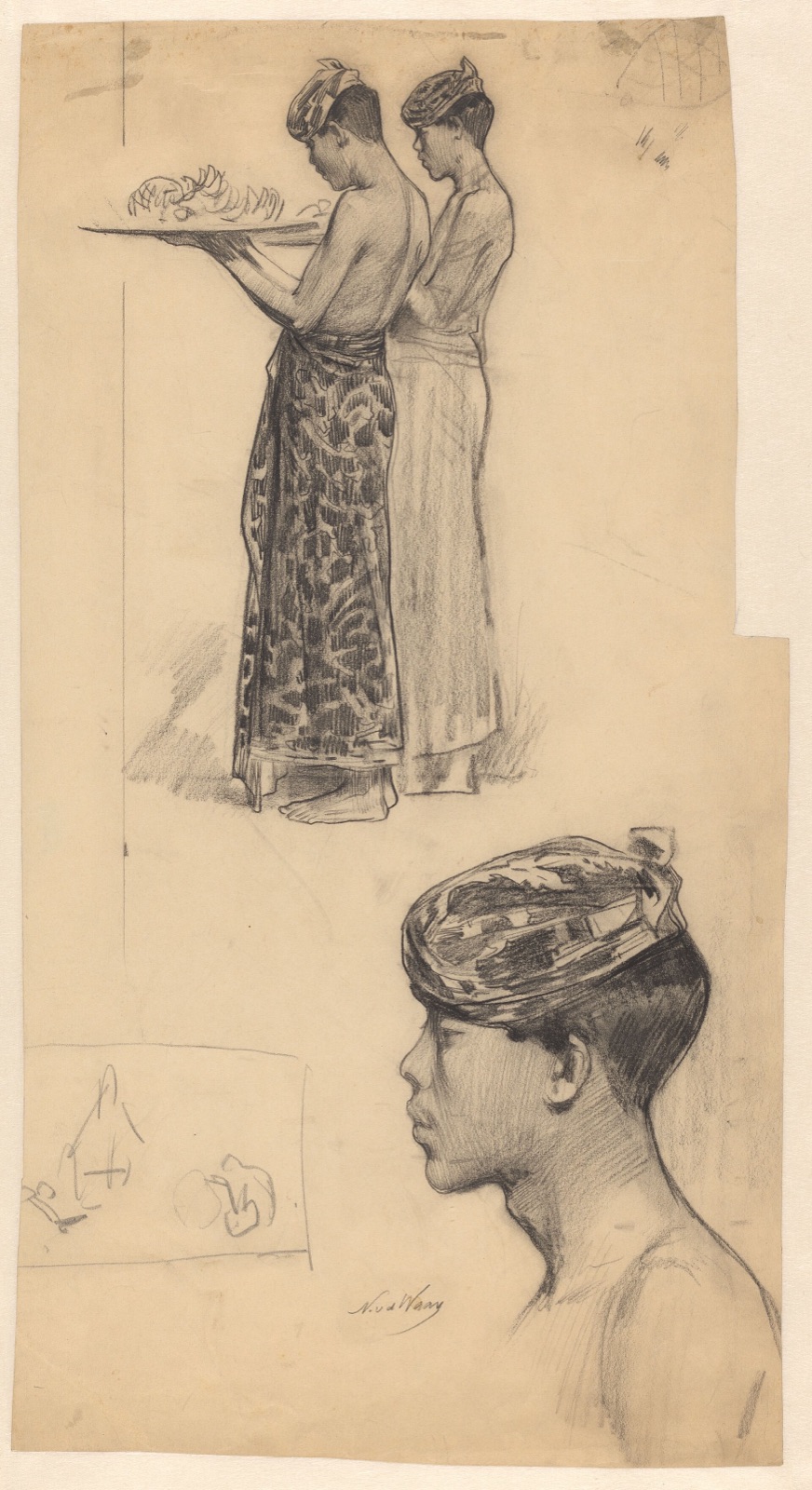 Twee Javaanse dienaren met bladen kop van één van hen, RP-T-1949-625 — Artiste inconnu