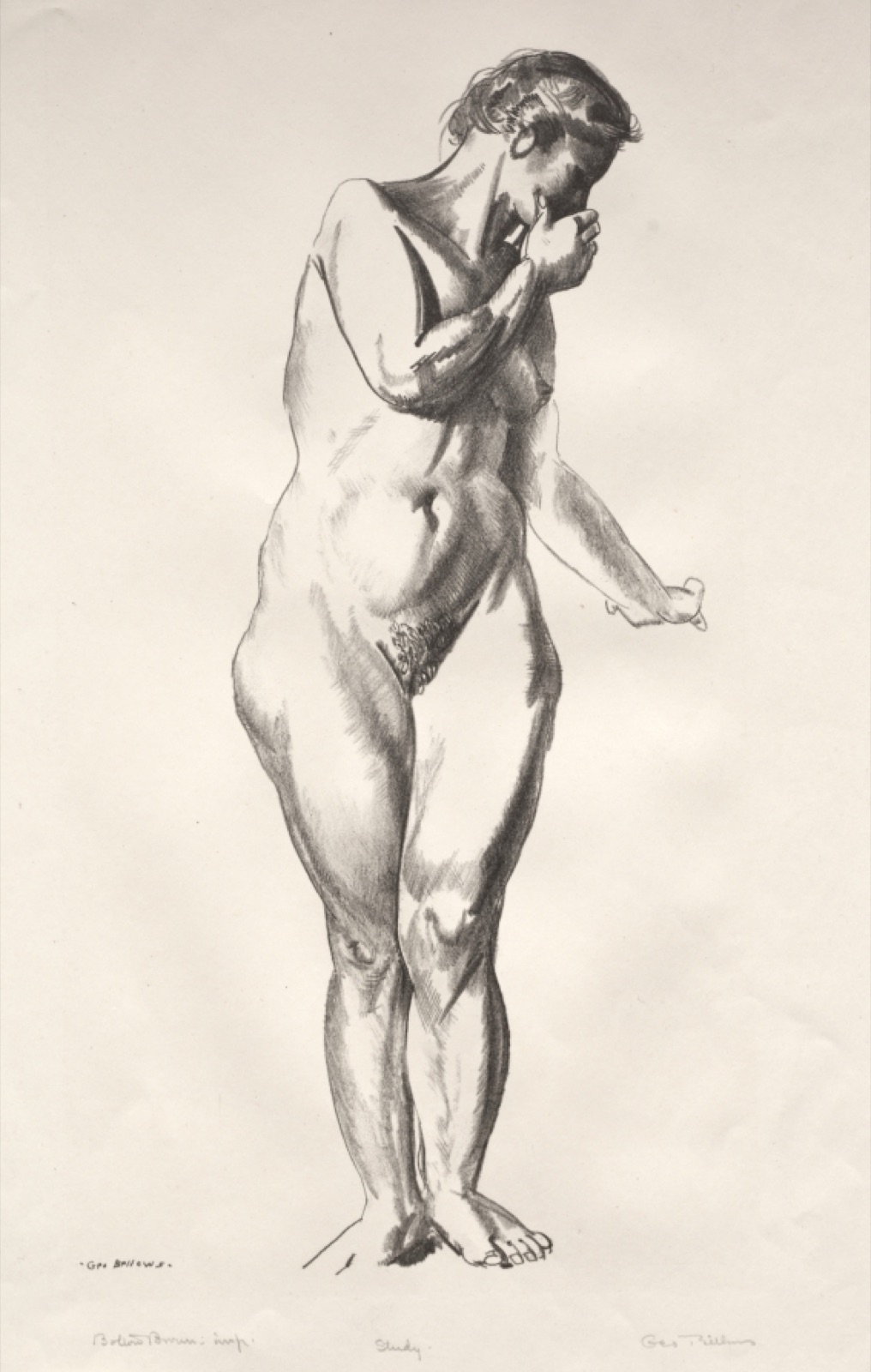 Nude Study, Girl Standing with Hand Raised to Mouth — George Bellows