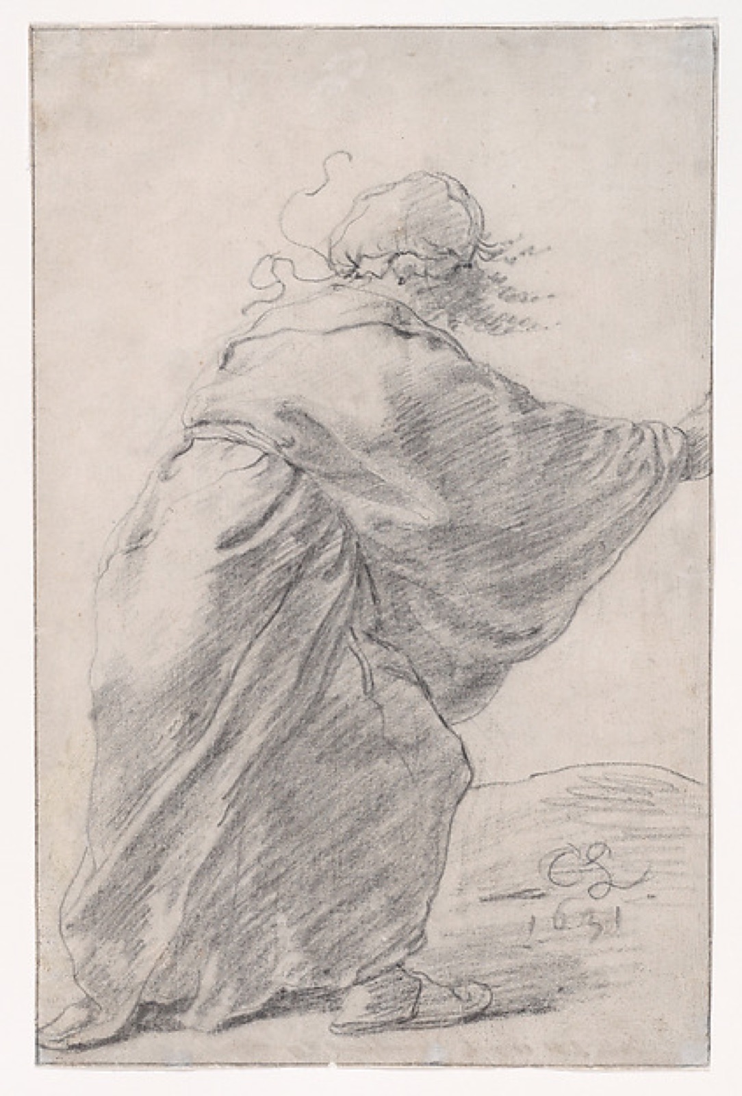 A wild-haired, robed woman rushing to the right, seen from behind — Cornelis Saftleven
