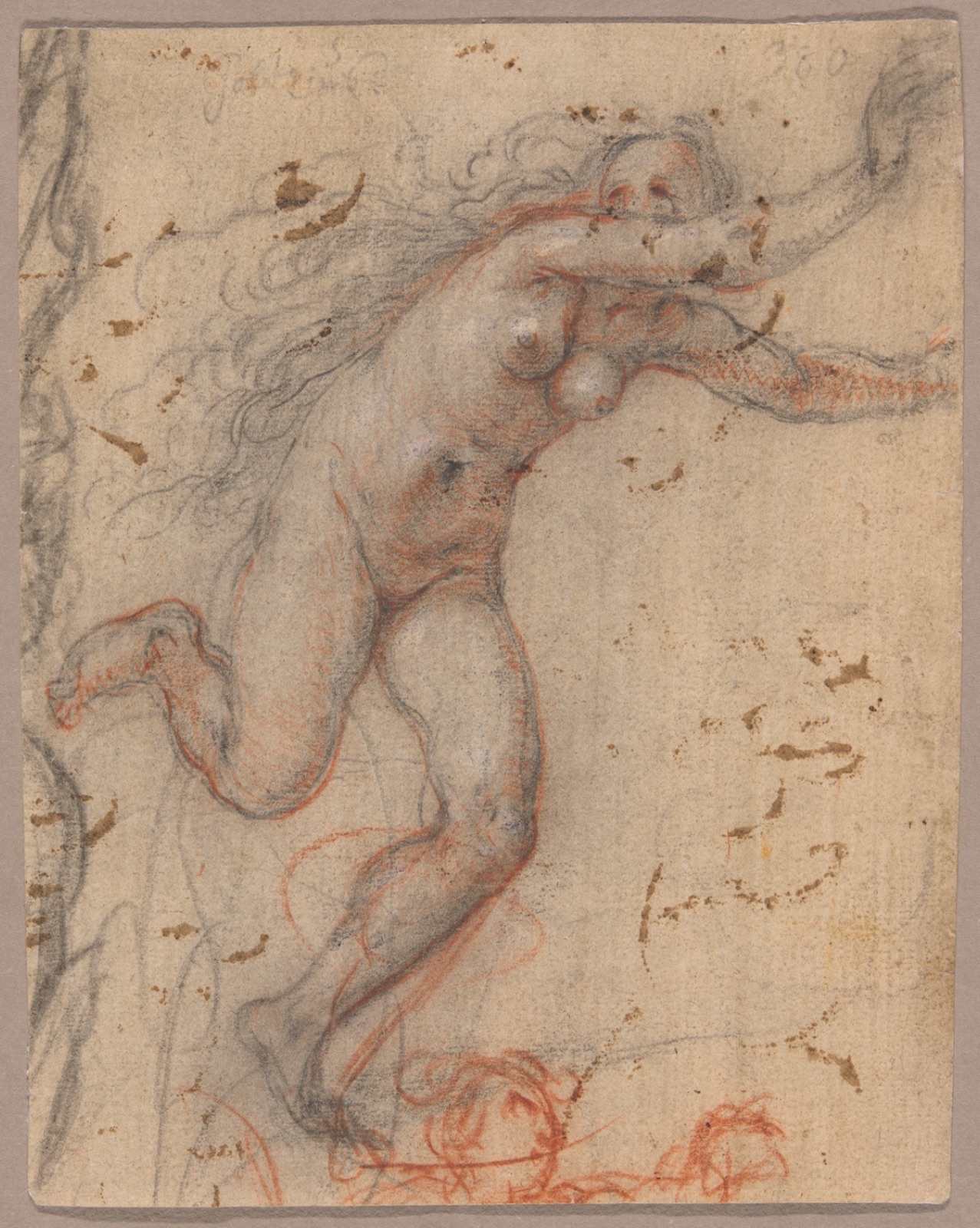 A Nude Female Figure Fleeing to the Right with Arms Outstretched, with Sketch of a Bust of Secondary Figure (recto); A Sketch of a Nude, Kneeling Female Figure, Supported by Anothe — Hendrick Goltzius