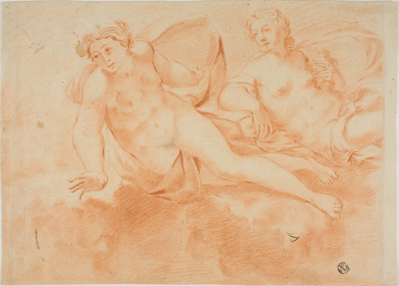 Two Cloud-Borne Nude Female Figures (recto); Fragment of Reclining Figure (verso) — Attributed to Carlo Cignani