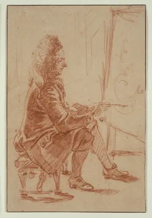 A Bewigged Painter (Possibly Claude Audran), Seated at his Easel, Seen in Profile — Jean Antoine Watteau