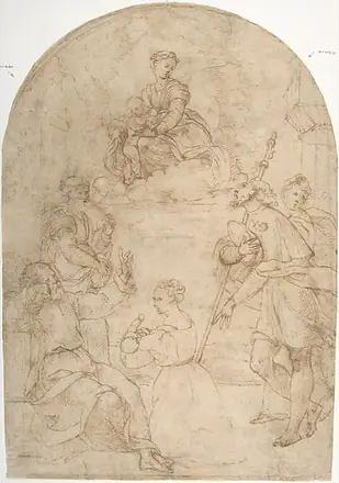 Saint Roch Recommending a Woman with a Sick Child to the Virgin (recto); Figure of a Man Holding a Book; Nude Figure of a Man (verso) — Unknown artist