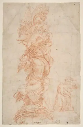 Design for the Decoration of a Pilaster (recto); Putti with Trophies and Seated Figure with Child (verso) — Giovanni Antonio da Pordenone