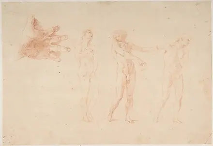 Three Nude Male Figures; Study of the Right Hand of the Figure on the Left — Pompeo Batoni
