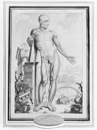 An anatomical figure (écorché) in a classical landscape. Drawing by A. Joron. — Unknown artist