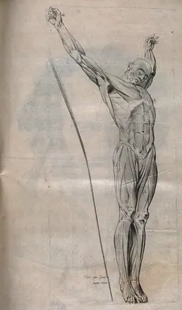 A crucified écorché figure. Crayon manner print by J. Gamelin after himself, 1778/1779. — Unknown artist