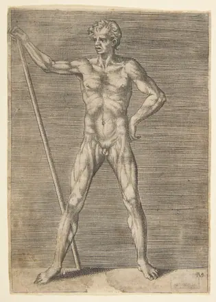 Flayed man seen frontally, holding a stick
